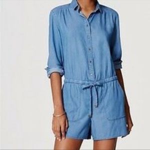LOFT Women's Blue Long Sleeves Denim Tie Waist Button Up Romper Size MP